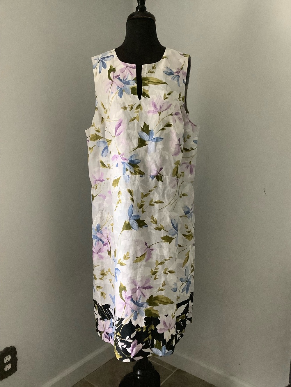 J. Jill 100% Linen Midi Dress with Blue & Lavender Floral Print